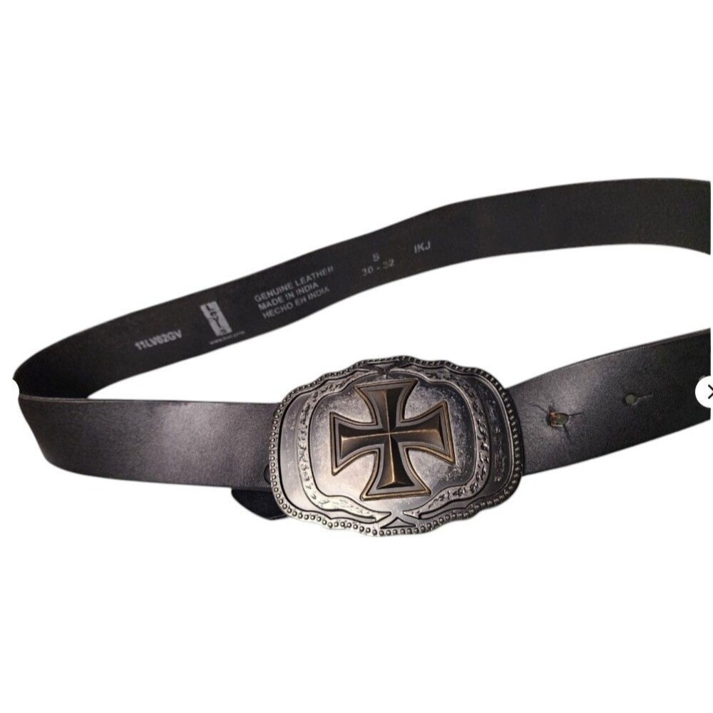 Levis Black Leather Iron Cross Belt Size S 4"x3" Buckle